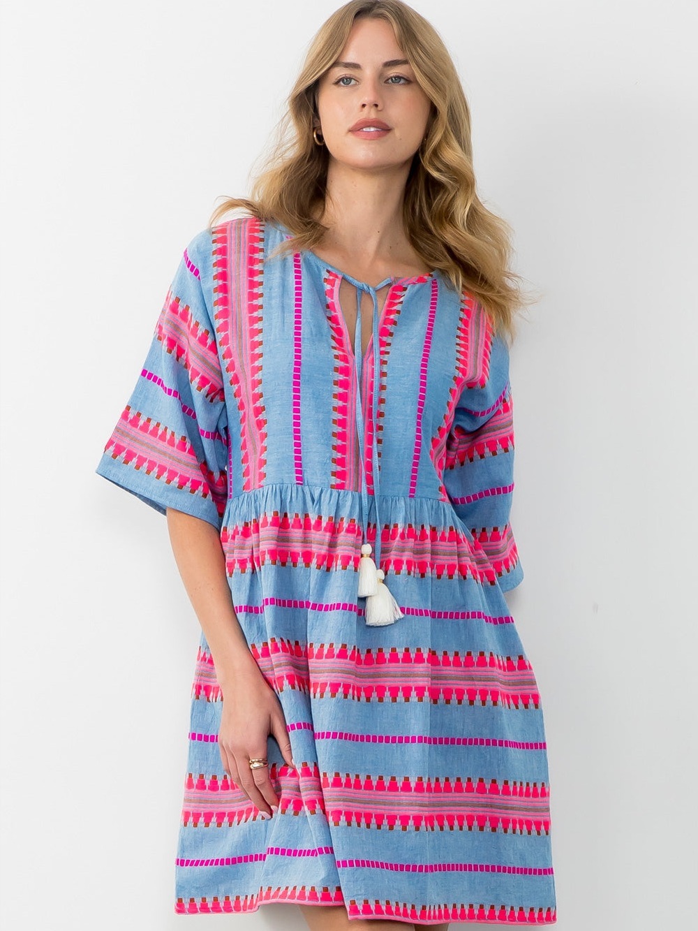 THML Blue Dress with Pink and Coral Embroidery